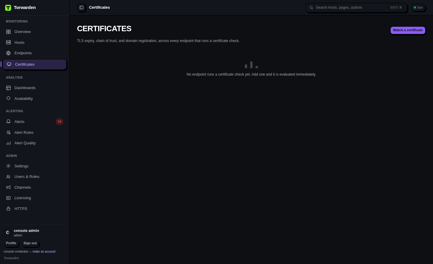 The HTTPS settings page before a certificate is installed: an empty current-certificate
            panel, the hostname and HTTPS address fields, and the redirect and HSTS options.